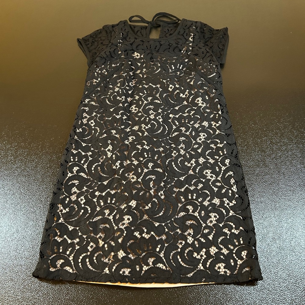 LOFT Black Lace Overlay Dress Tie Back Short Sleeve Party Cocktail Womens 00P